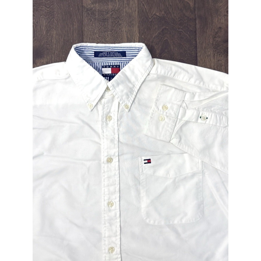 Tommy Hilfiger Shirt Mens White Oxford Flag Logo Regular Fit Button Down Size L